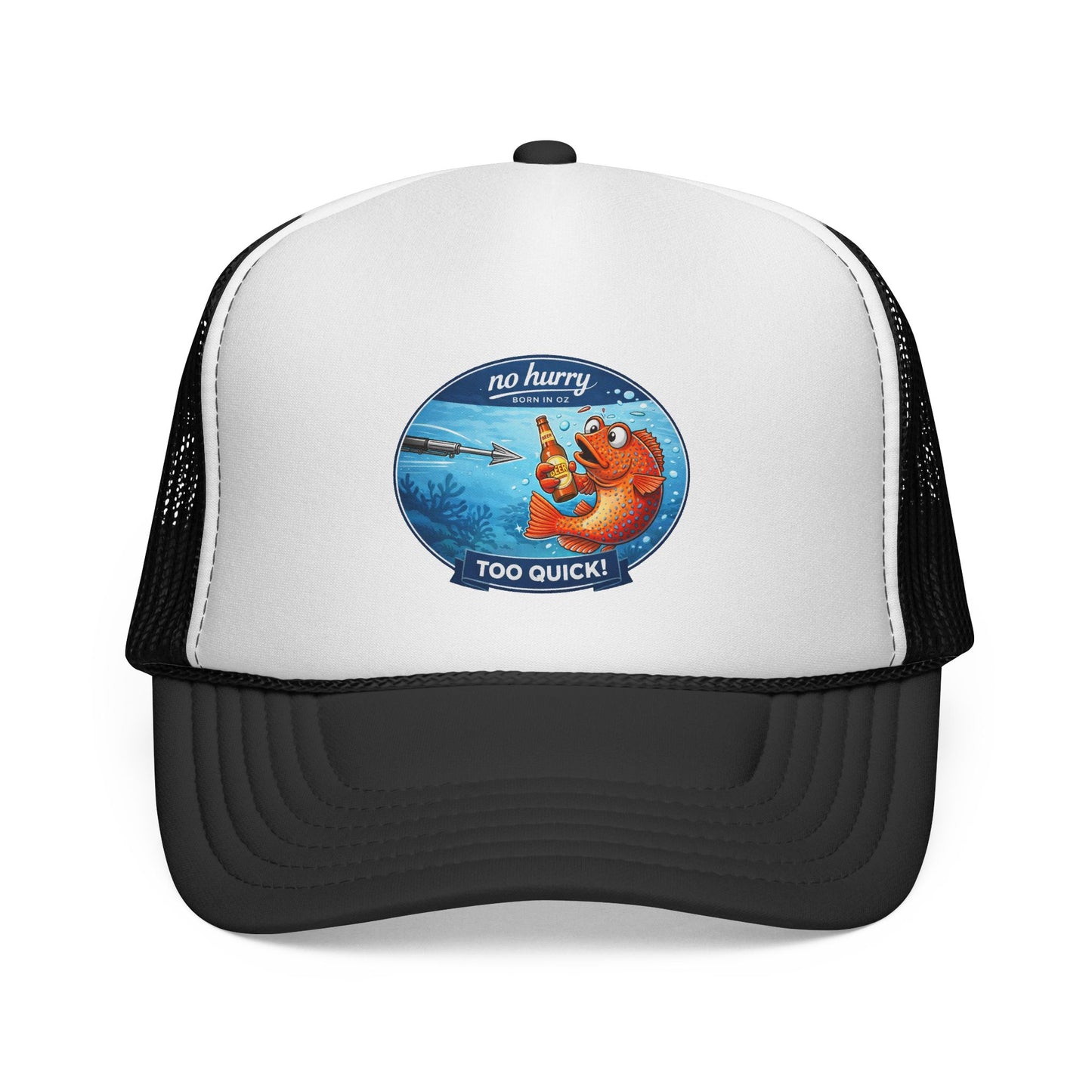 Trucker Cap — 'No Hurry Too Quick!' Funny Fishing Lobster Patch Hat