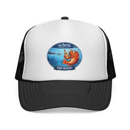 Trucker Cap — 'No Hurry Too Quick!' Funny Fishing Lobster Patch Hat