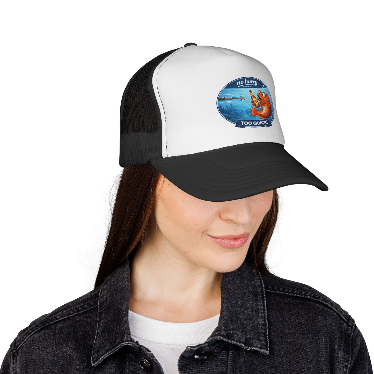 Trucker Cap — 'No Hurry Too Quick!' Funny Fishing Lobster Patch Hat